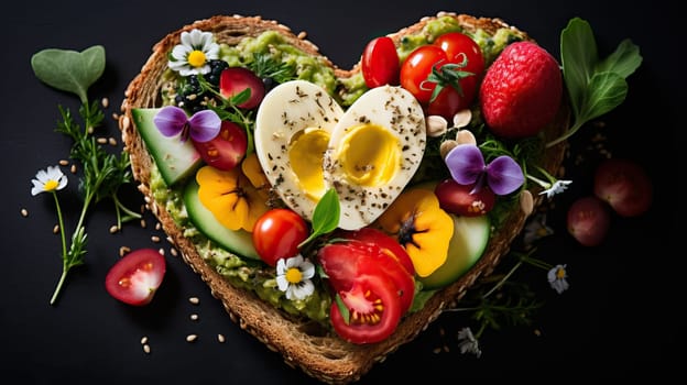 Heart shaped healthy breakfast toast with avocado, eggs, vegetables, and flowers. Romantic Valentine Day food concept.
