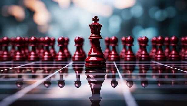Red chess king piece standing on a chessboard with reflected view, concept of strategy, leadership, and competition.