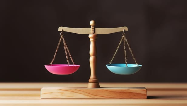 Scales of justice with pink and blue bowls representing gender equality. Concept of balance, fairness, rights, and opportunities for all genders.