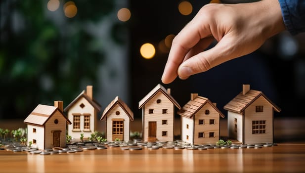 Hand Choosing Miniature Wooden House From Row. Real Estate, Property Investment Concept