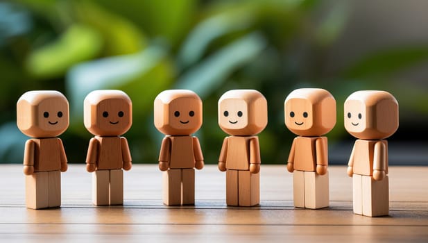 Wooden figurines with smiling faces representing teamwork, diversity, and community
