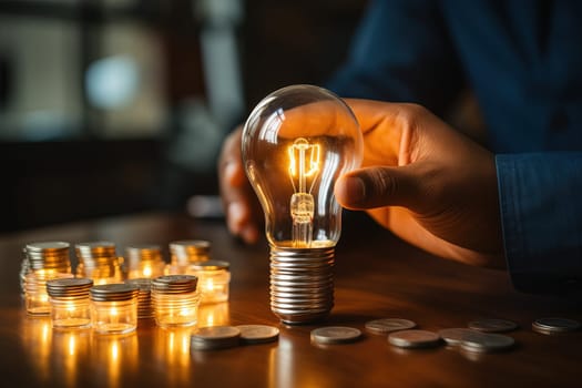 Hand holding a light bulb with coins stacking for saving energy and money concept.