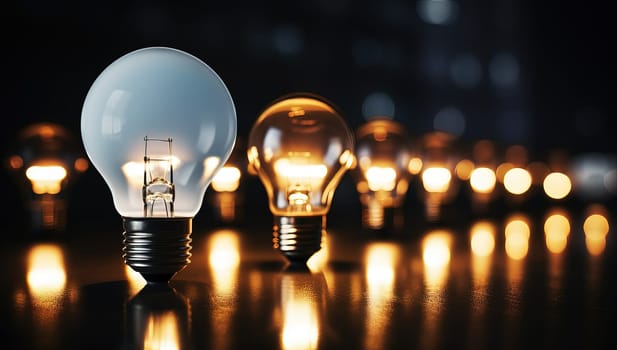 Glowing light bulbs on dark background. Concept of innovation, creativity, and new ideas.
