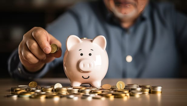 Senior man saving money, putting coins into piggy bank. Concept of retirement, investment, finance, and savings.