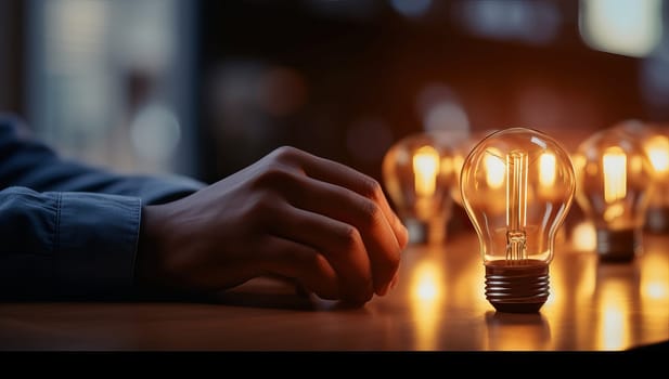 Close up of a hand reaching for a glowing light bulb among a group of illuminated bulbs on a wooden table, symbolizing the selection or generation of an idea or solution.