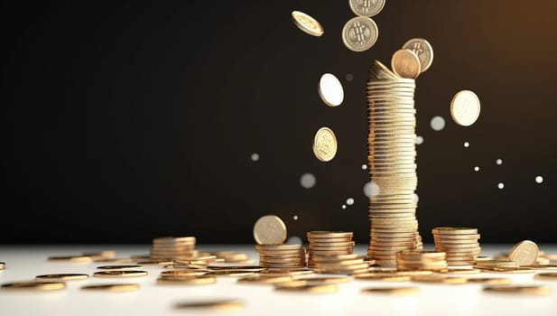 Stack of gold coins falling and rising on a black background. Concept of investment, business, finance, saving, and growth.