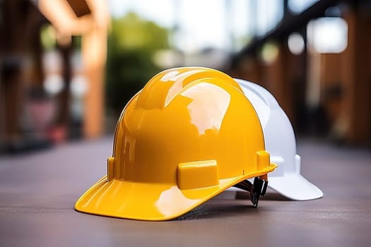 Yellow and white safety helmets on construction site. Concept of workplace safety, engineering, and construction industry.