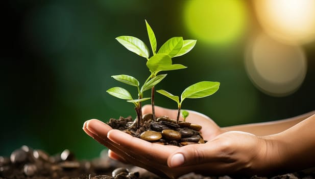 Hands holding young plant with soil and sunlight. Eco earth day concept.