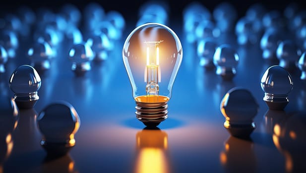 Glowing light bulb standing out from the crowd. Concept of leadership, innovation, and unique idea.