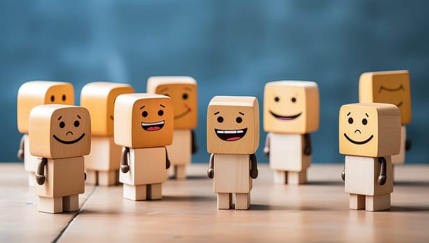 Wooden figures with emotions faces on blue background. Concept of happiness, customer feedback, and diverse opinions.