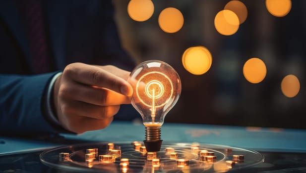 Businessman holding glowing light bulb, innovation and creative idea concept