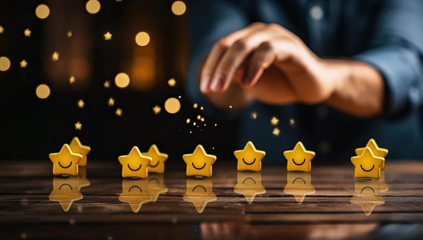 Customer giving star rating for excellent service satisfaction, feedback review concept.