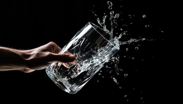 Hand holding glass of water with splash on black background. Refreshing, thirst, purity concept.