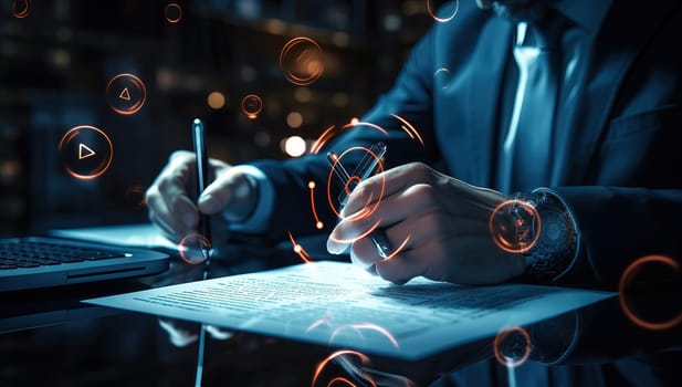 Businessman working with documents and laptop at night with technology icons. Concept of digital transformation, online education, and e learning.