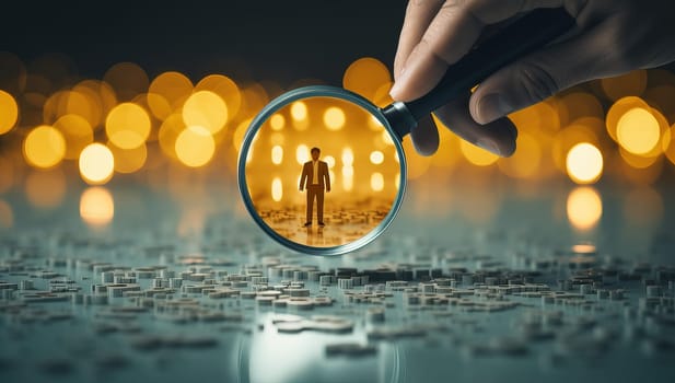 Hand with magnifying glass searching for candidate. Recruitment, employment, human resources concept.