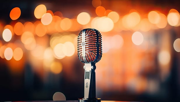 Retro microphone on stage with blurred lights background. Music, concert, karaoke concept.