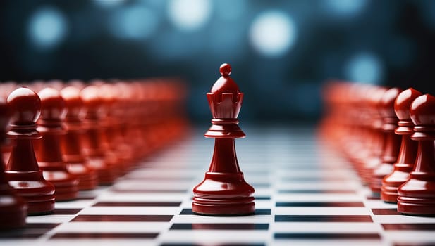 Red queen chess piece leading pawns on a chessboard. Leadership, strategy, and success concept.
