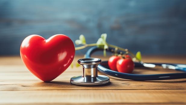 Red heart, stethoscope, and tomatoes on wooden table. Concept of healthy lifestyle and cardiovascular health.