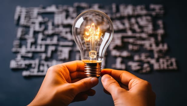 Hands holding glowing light bulb with messy alphabet letters background. Concept of idea, solution, and creativity.