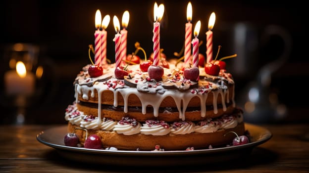 Delicious birthday cake with burning candles, cherries, frosting, and sprinkles on rustic wooden table. Celebration, party concept.