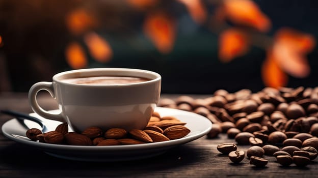 Closeup of a steaming cup of coffee with roasted coffee beans and almonds on a wooden table.