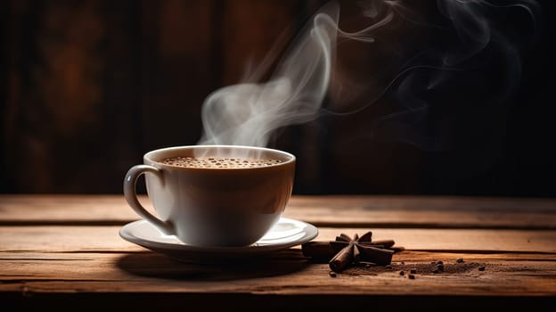 Steaming hot coffee cup on wooden table with star anise. Concept of cozy moments, warmth, morning ritual, and aromatic beverages.