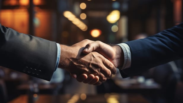 Business handshake,  Two businessmen shaking hands in agreement after successful deal or meeting, partnership concept.