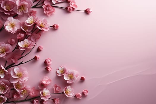 Pink cherry blossom flowers on light pink background. Concept of spring, nature, beauty, and renewal.