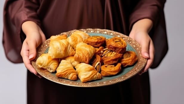 Traditional Middle Eastern pastries served on ornate plate, held by person. Concept of culture, dessert, and hospitality