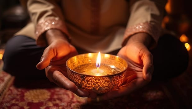 Hands holding traditional decorative oil lamp with flame, symbolic of cultural and religious rituals