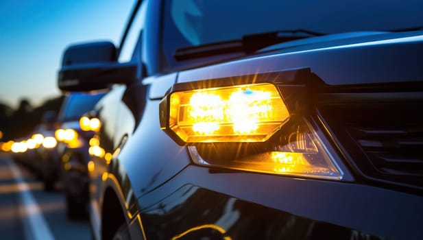 Car headlights shining in traffic jam at dusk. Concept of transportation, rush hour, and automotive.