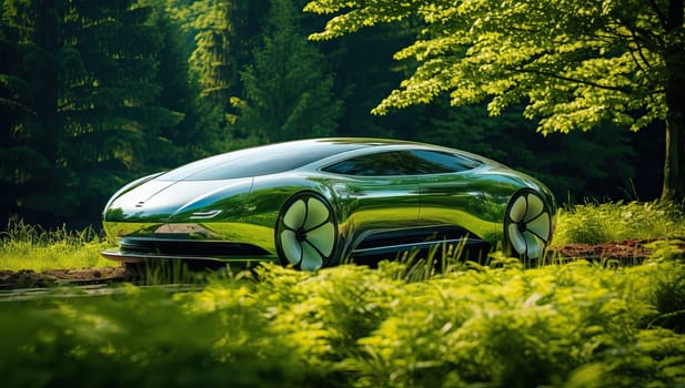 Futuristic silver electric concept car in lush green forest, sustainable transportation technology.