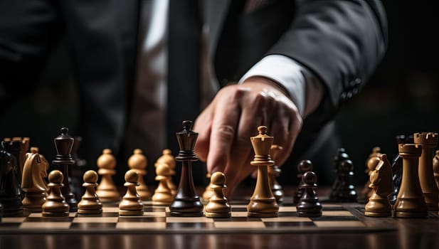 Businessman in suit playing chess, making strategic move. Business strategy and leadership concept.
