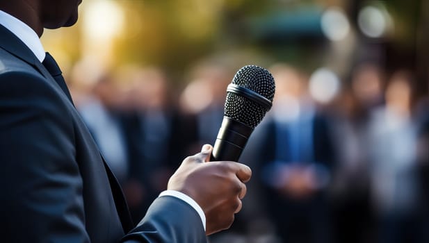 Businessman giving a speech or presentation holding a microphone in front of an audience.