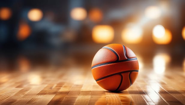 Basketball ball on wooden court floor with blurred arena lights background