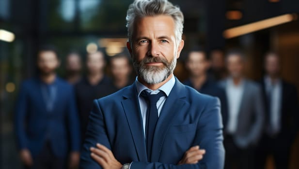 Portrait of a confident mature businessman in suit with his team in the background.