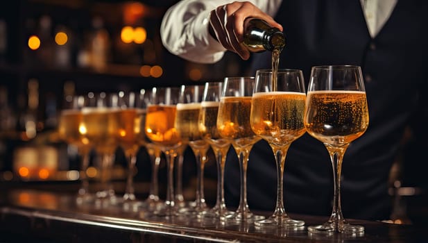 Bartender pouring champagne into glasses at bar counter. Celebration, party, luxury concept.