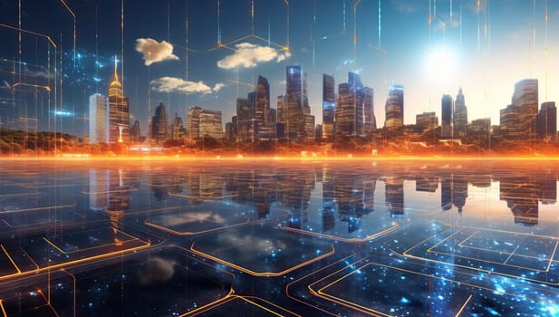 Smart city with futuristic digital technology network connection and visualization of data flow