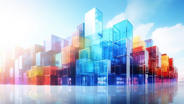 Colorful abstract city made of glass cubes. Modern architecture and futuristic cityscape concept.