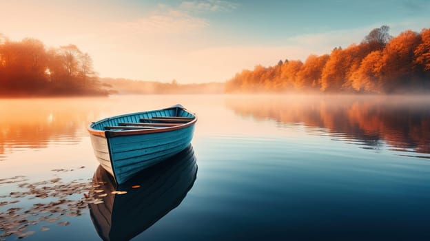 Serene autumn sunrise over a lake with a boat and colorful foliage. 