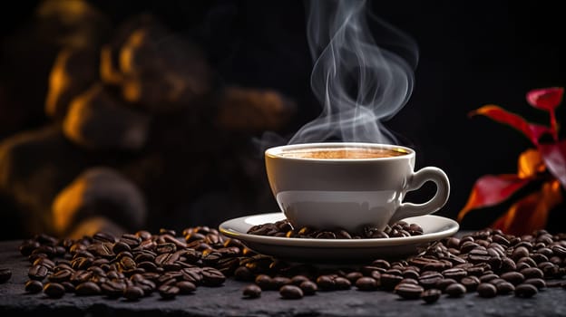 Steaming cup of coffee with beans and a warm fireplace background. Cozy winter morning concept.
