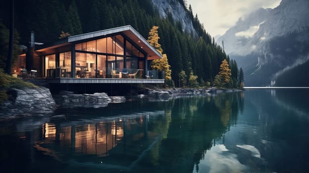 Modern cabin house with lake and mountain view reflection. Concept of luxury, nature, getaway, and escape