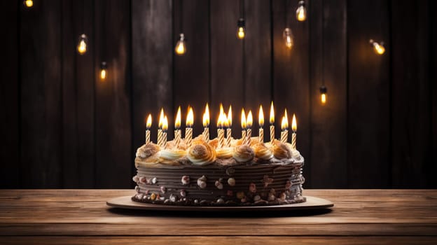 Chocolate Birthday Cake with Candles and Fairy Lights on Rustic Wooden Table