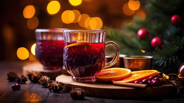 Two glasses of mulled wine with orange and spices on wooden table with Christmas lights. Traditional winter festive drink.