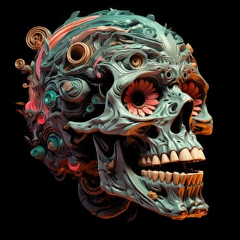An abstract psychedelic image of a skull. A detailed cybernetic skull, part skeleton, part machine. Graphic design element. Template for sticker, poster, t-shirt print, etc.