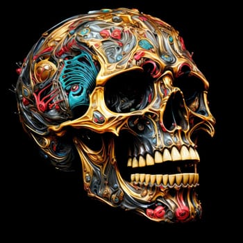 An abstract psychedelic image of a skull. A detailed cybernetic skull, part skeleton, part machine. Graphic design element. Template for sticker, poster, t-shirt print, etc.