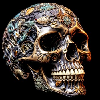 An abstract psychedelic image of a skull. A detailed cybernetic skull, part skeleton, part machine. Graphic design element. Template for sticker, poster, t-shirt print, etc.