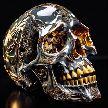 An abstract psychedelic image of a skull. A detailed cybernetic skull, part skeleton, part machine. Graphic design element. Template for sticker, poster, t-shirt print, etc.