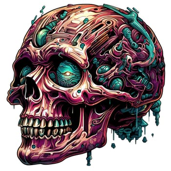 An abstract psychedelic image of a skull. A detailed cybernetic skull, part skeleton, part machine. Graphic design element. Template for sticker, poster, t-shirt print, etc.