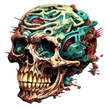 An abstract psychedelic image of a skull. A detailed cybernetic skull, part skeleton, part machine. Graphic design element. Template for sticker, poster, t-shirt print, etc.